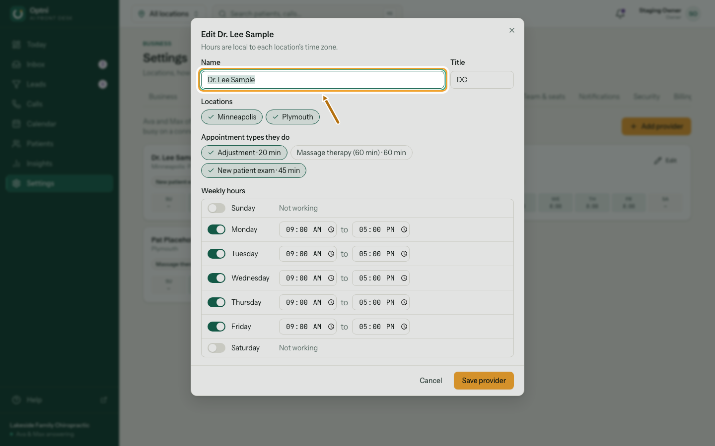 The provider dialog with Name and Title fields.