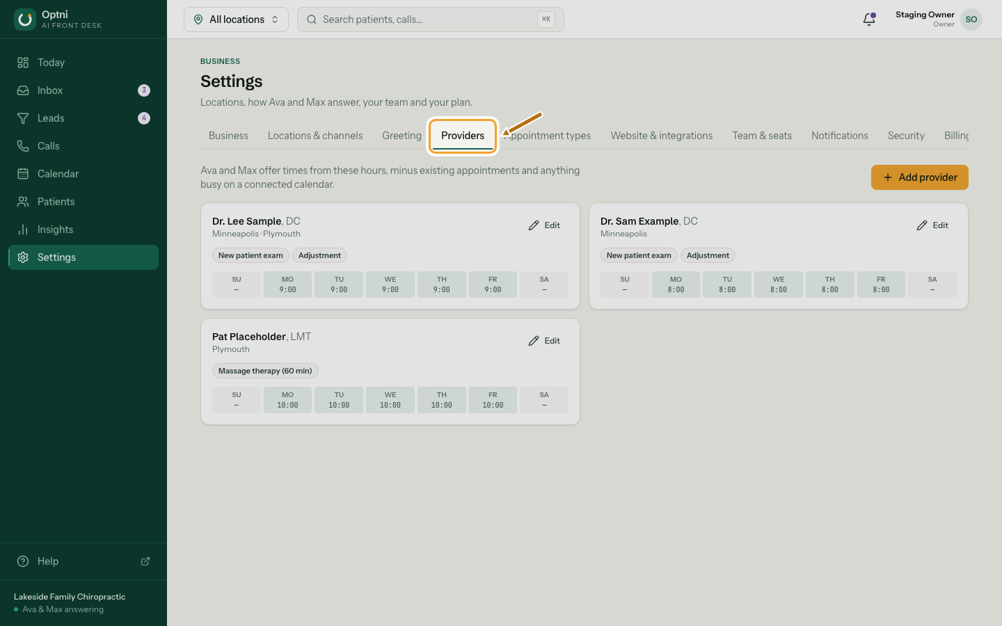 The Providers settings page with a card per provider showing their locations, types and weekly hours.