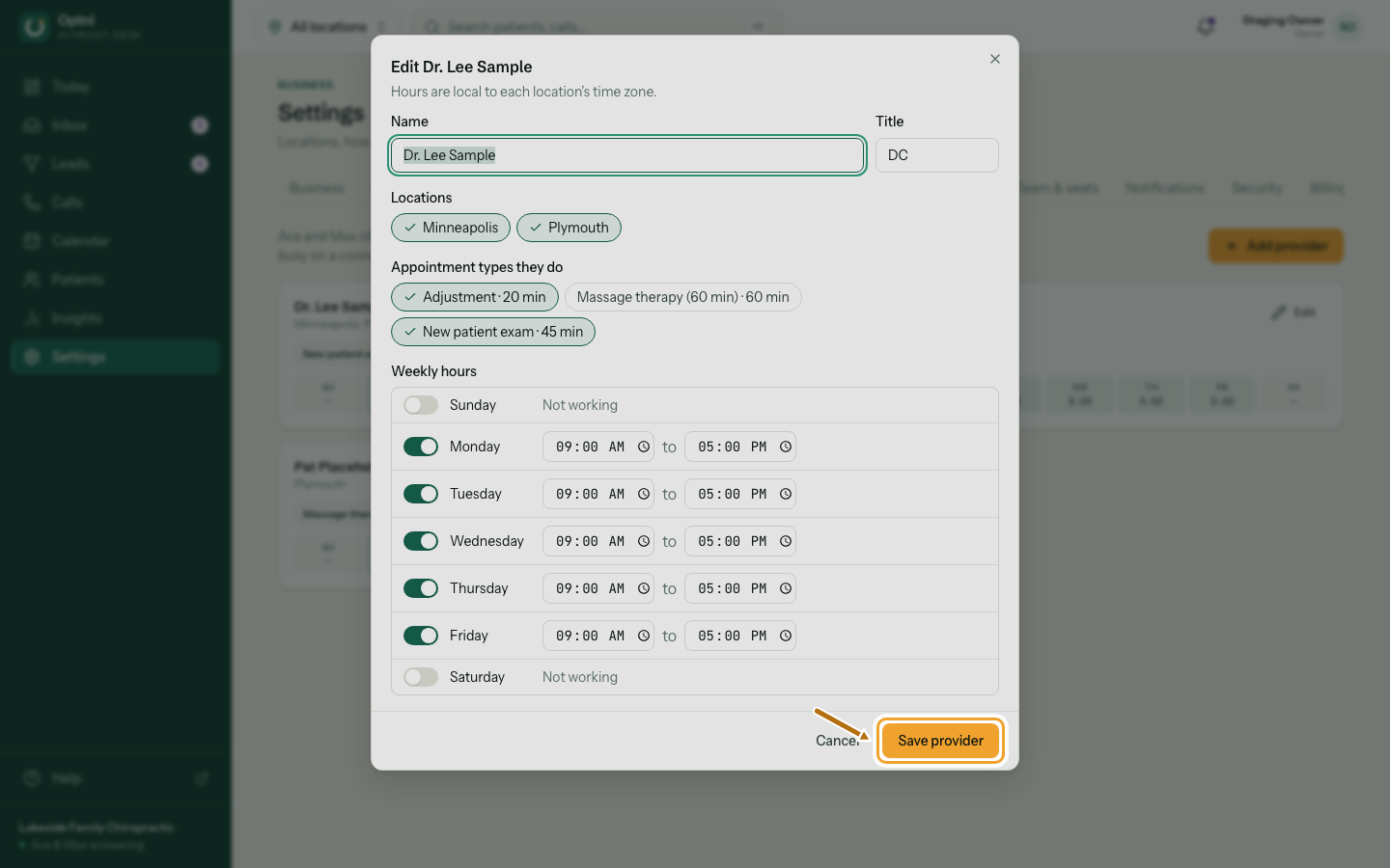 The save button of the provider dialog ringed.