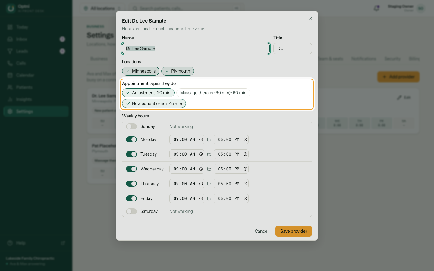 Location and booking type checkboxes in the provider dialog.