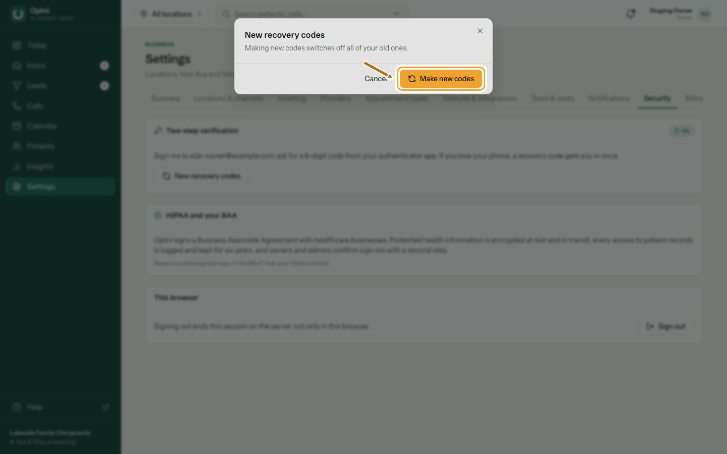 A confirmation dialog warning that old codes stop working, with Make new codes ringed.