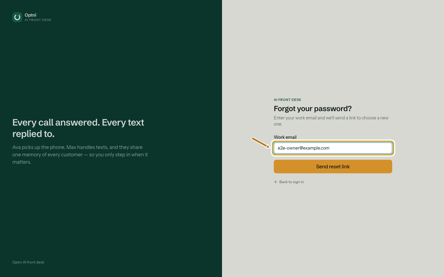 The Reset your password screen with the work email field ringed.