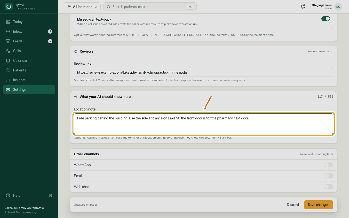 The Location note box with an example filled in.