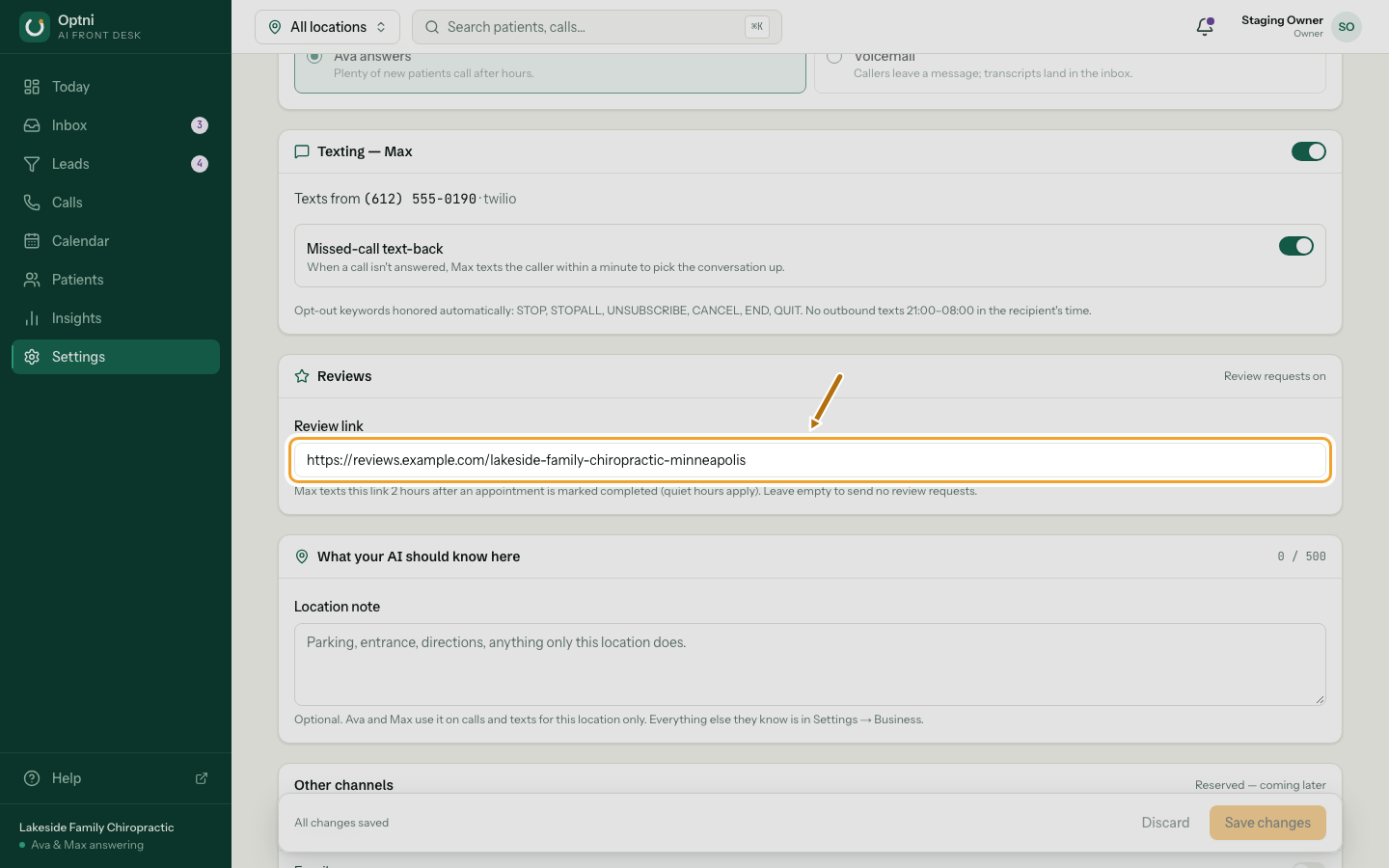 The Review link field ringed.