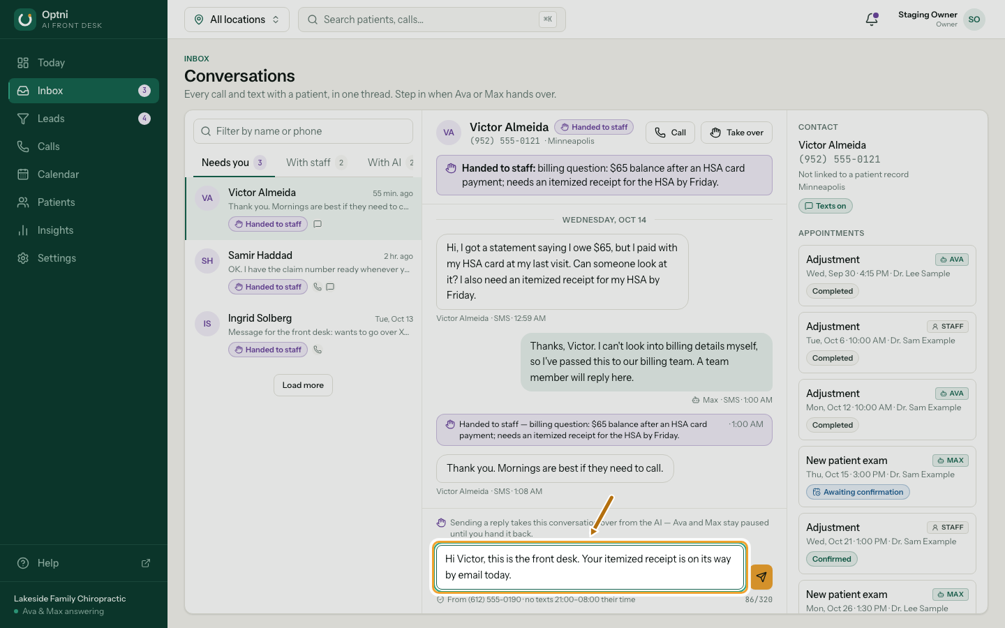 The reply box with a message typed in.