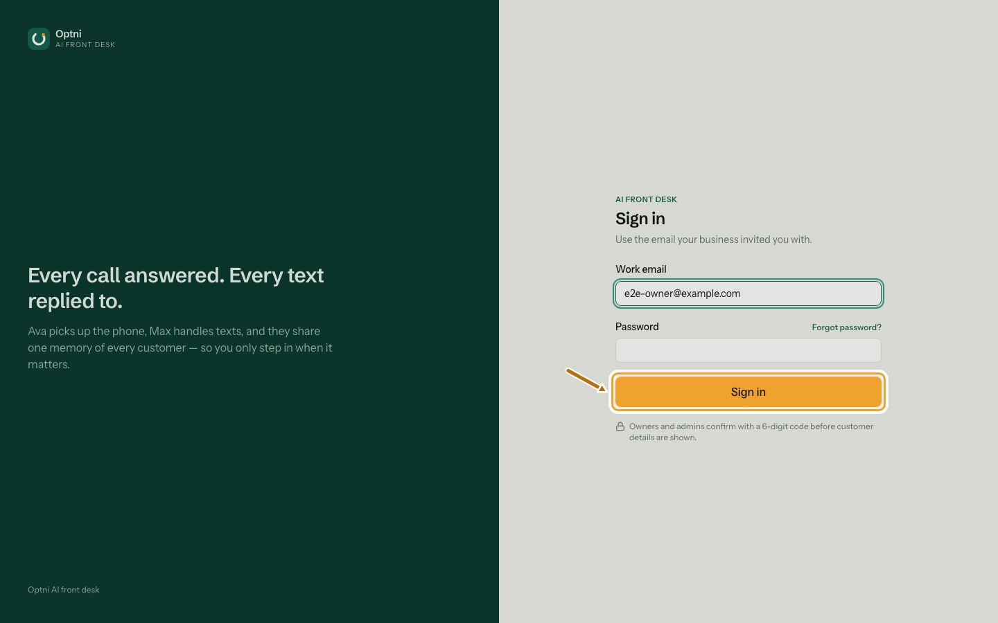 The Optni sign-in screen with the work email filled in and the Sign in button ringed.