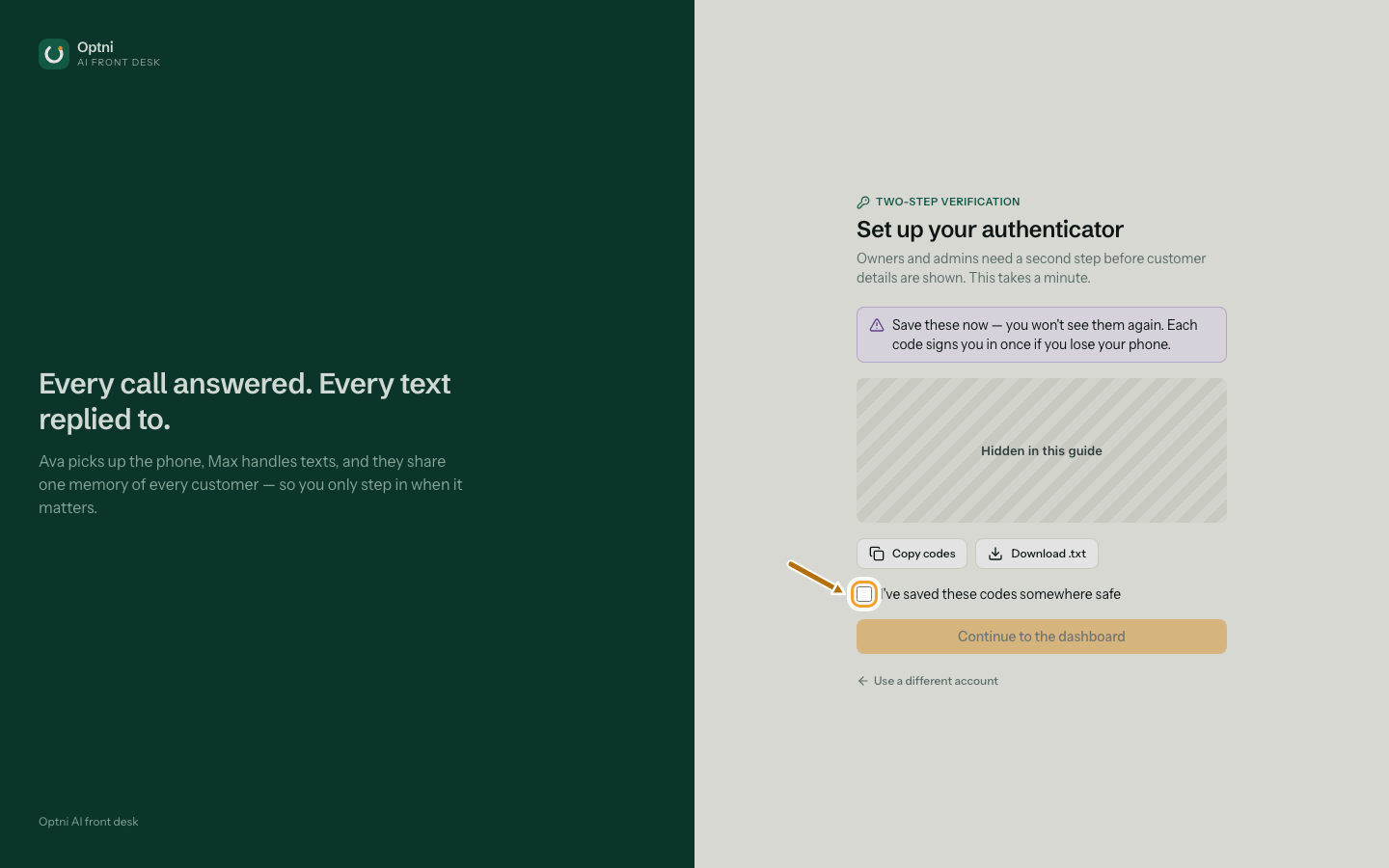 Ten recovery codes (hidden in this guide) with Copy and Download buttons and a confirmation checkbox.