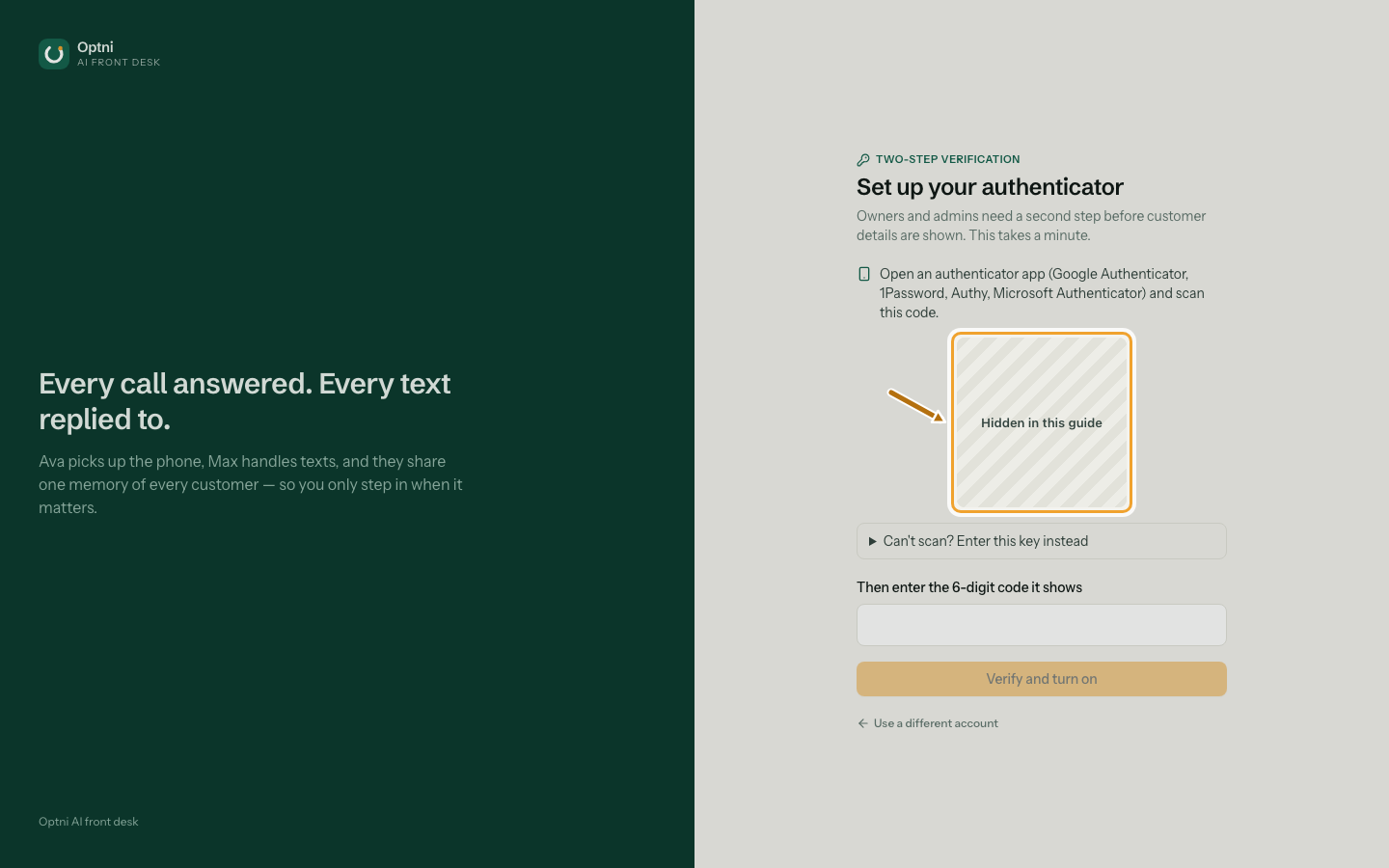 The Set up your authenticator screen with a QR code (hidden in this guide).