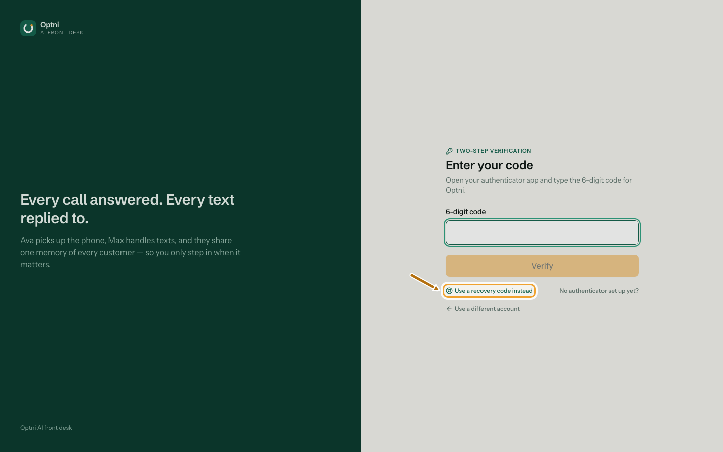 The code step with the Use a recovery code instead link ringed.