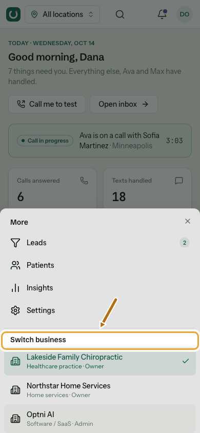 The More sheet on a phone with the Switch business list ringed.