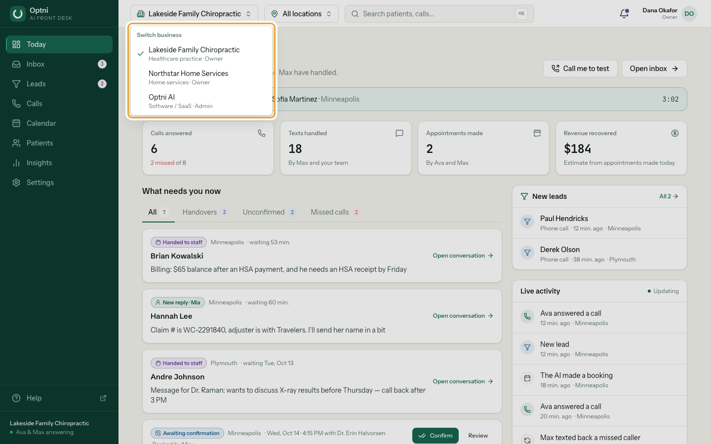 The switcher menu listing three sample businesses with industry and role.