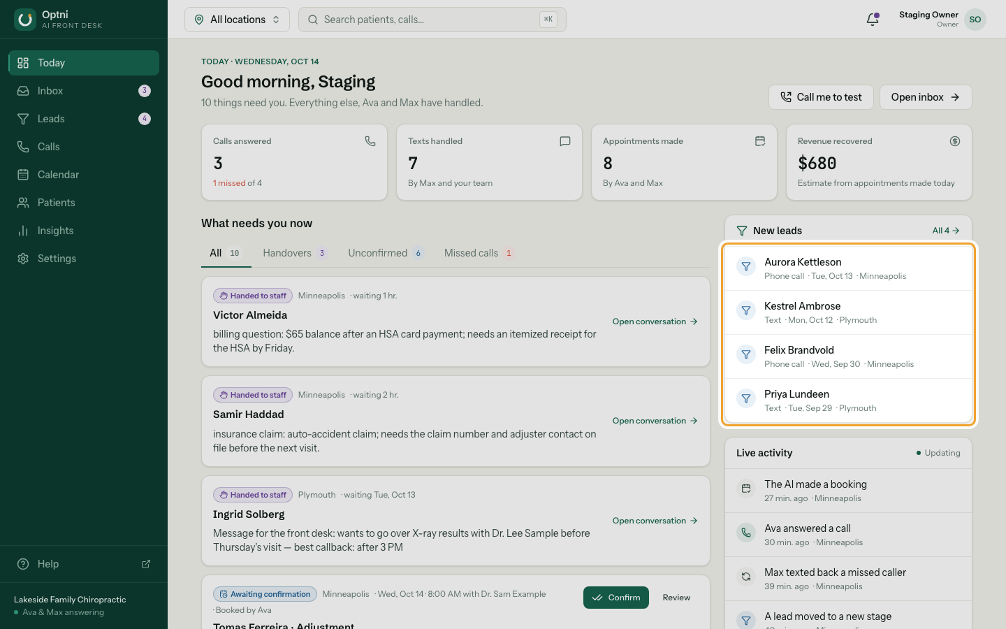 The New leads and Live activity panels.