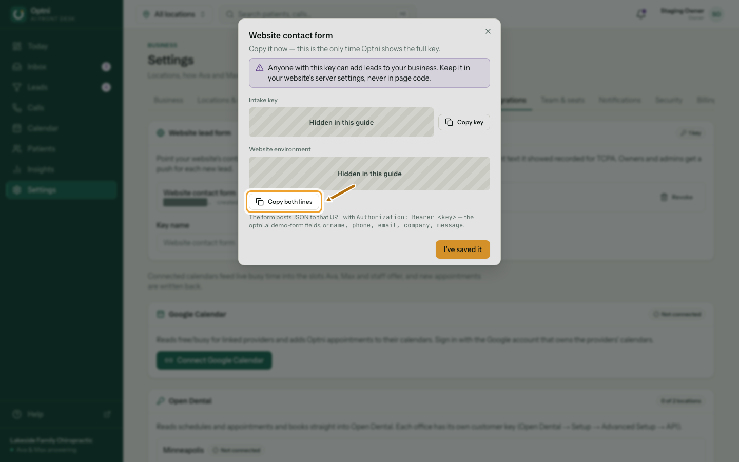 The new key dialog with the key and the two environment lines (hidden in this guide) and Copy both lines ringed.