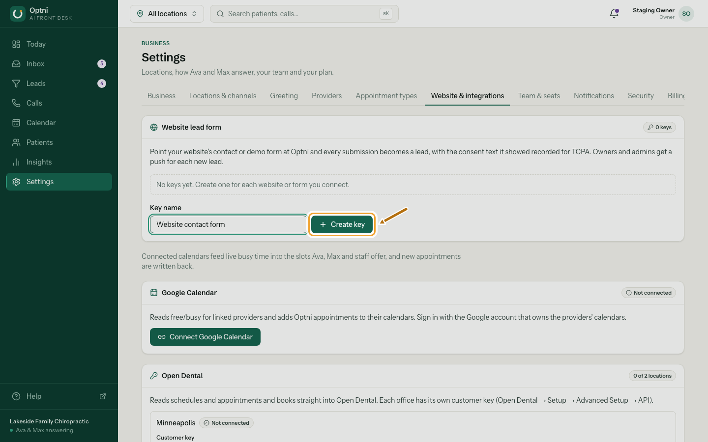 The Key name field filled in and the Create key button ringed.