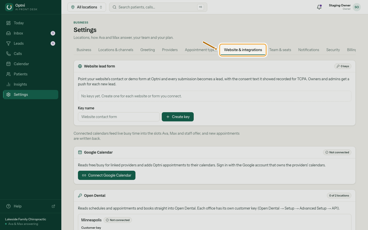 The Website lead form card at the top of Website & integrations.